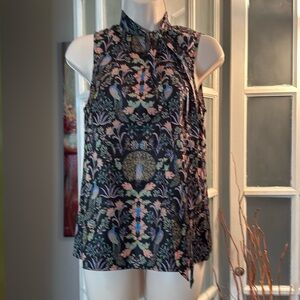 🦚✨ModCloth Peacock Print Tie Neck Sleeveless Blouse XS✨🦚